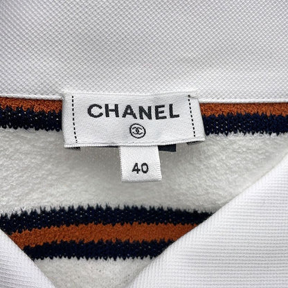 Chanel Polo Shirt Pullover Border 40 Top Sweater White Navybrown