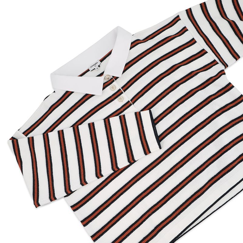 Chanel Polo Shirt Pullover Border 40 Top Sweater White Navybrown