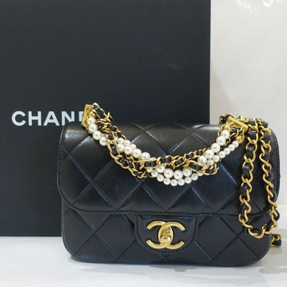 Chanel Mini Matelasse Shoulder Bag Leather Pearl BK Gdhardware Random