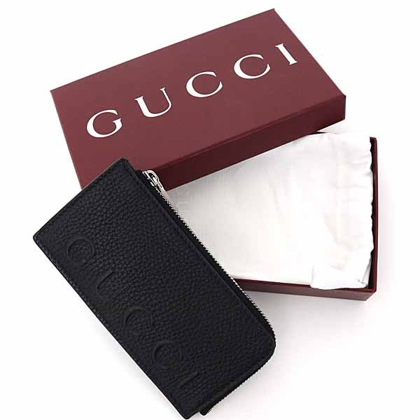 Gucci Logo Zip Card Case Coin Fragment Black Grain Leather