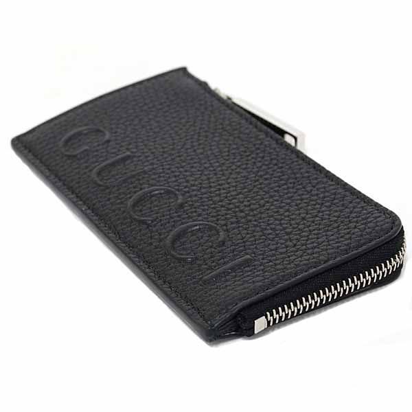 Gucci Logo Zip Card Case Coin Fragment Black Grain Leather