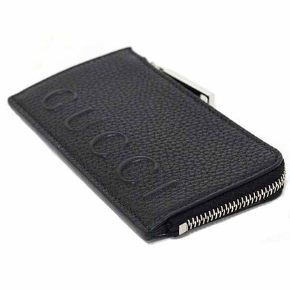 Gucci Logo Zip Card Case Coin Fragment Black Grain Leather