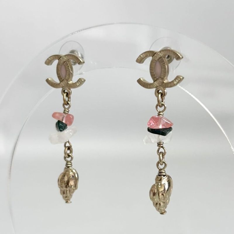 Chanel CC Logo Drop Earrings Stone Gold