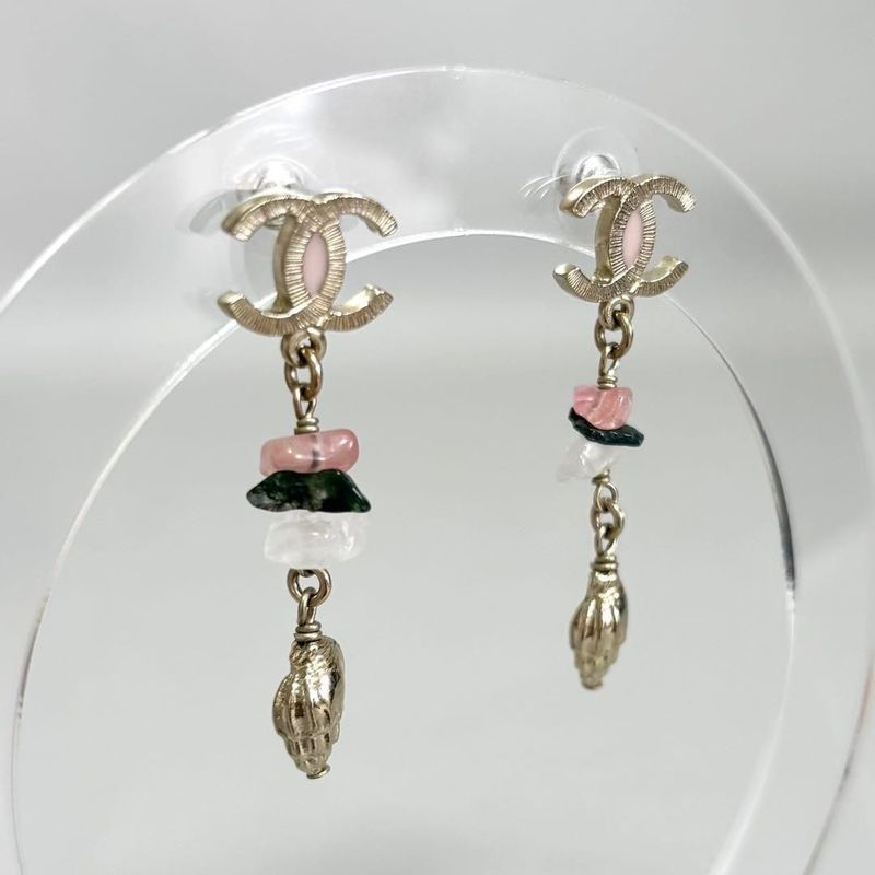 Chanel CC Logo Drop Earrings Stone Gold
