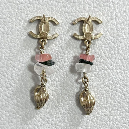 Chanel CC Logo Drop Earrings Stone Gold