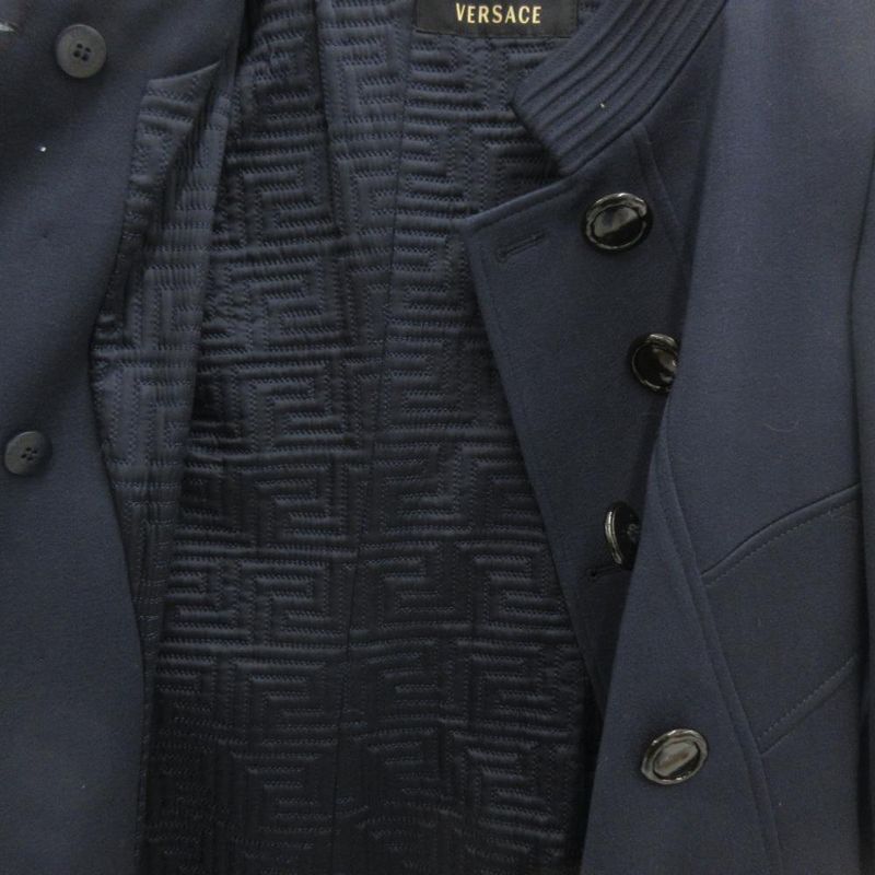 Versace Double Breasted Long Coat Stand Neck Quilted Lining 38 Navy GV • GY18