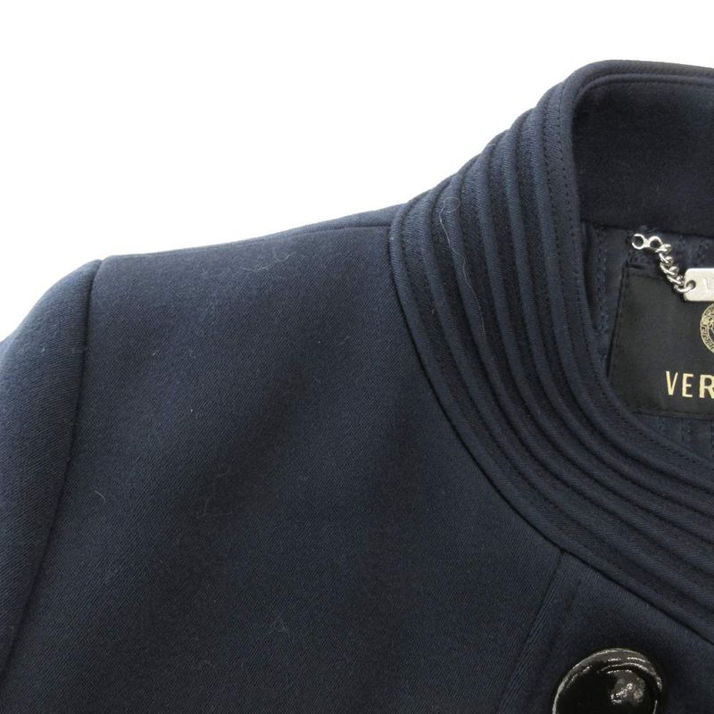 Versace Double Breasted Long Coat Stand Neck Quilted Lining 38 Navy GV • GY18