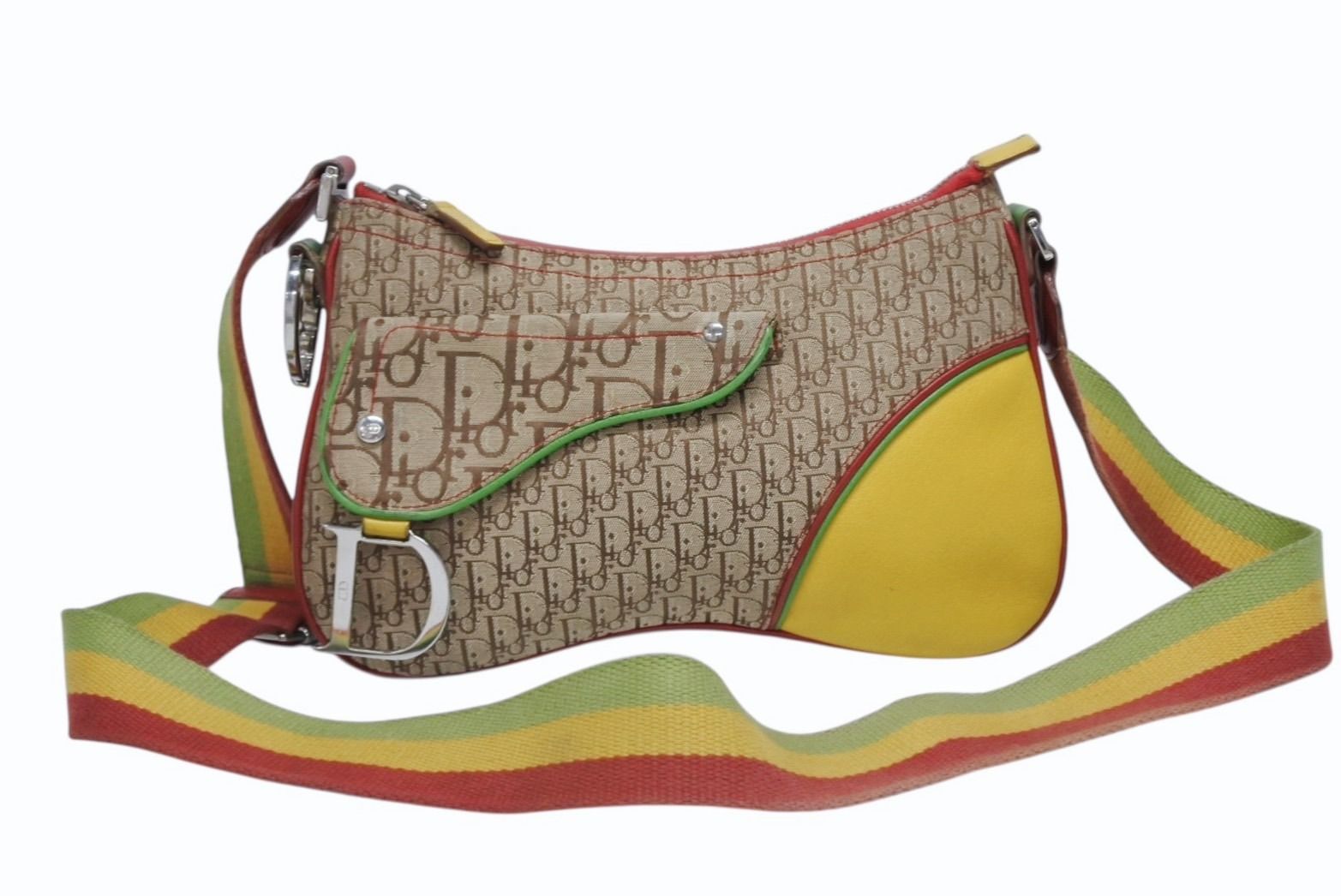 Dior Shoulder Bag Trotter Rasta Leather Canvas Silver