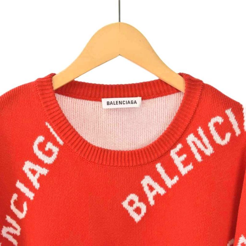 Balenciaga All Over Logo Knit Sweater Long Sleeve S Red 625329 AA