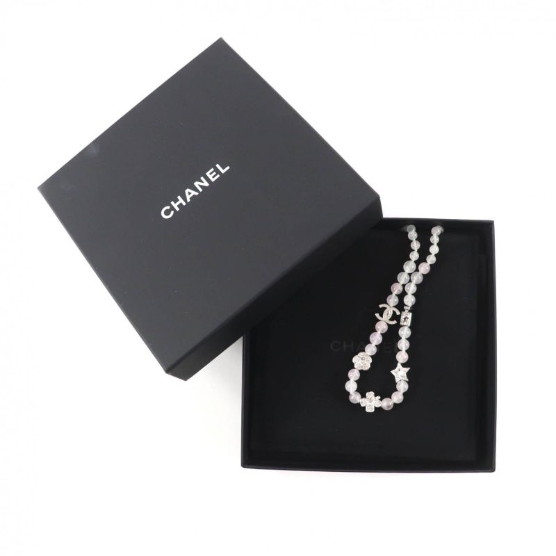 Chanel 2025 B25P Coco Mark Natural Stone Rhinestone Necklace White Pink Silver