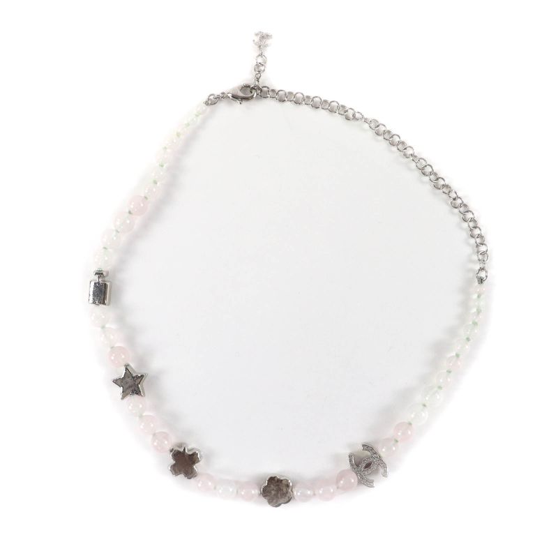 Chanel 2025 B25P Coco Mark Natural Stone Rhinestone Necklace White Pink Silver