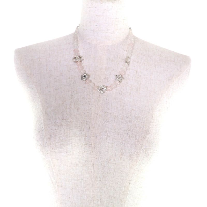 Chanel 2025 B25P Coco Mark Natural Stone Rhinestone Necklace White Pink Silver