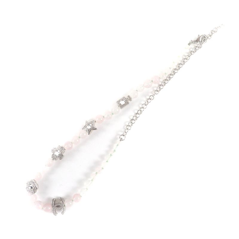 Chanel 2025 B25P Coco Mark Natural Stone Rhinestone Necklace White Pink Silver