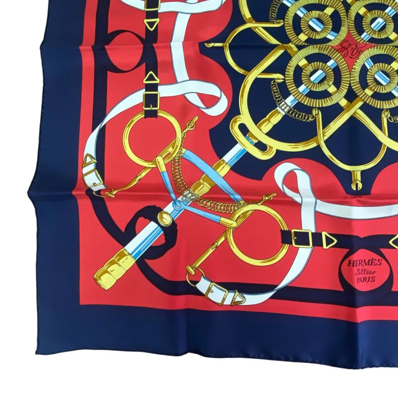 Hermes Carre 90 Scarf Eperon D'or Golden Spurs 100% Silk Navy X Red Box Included