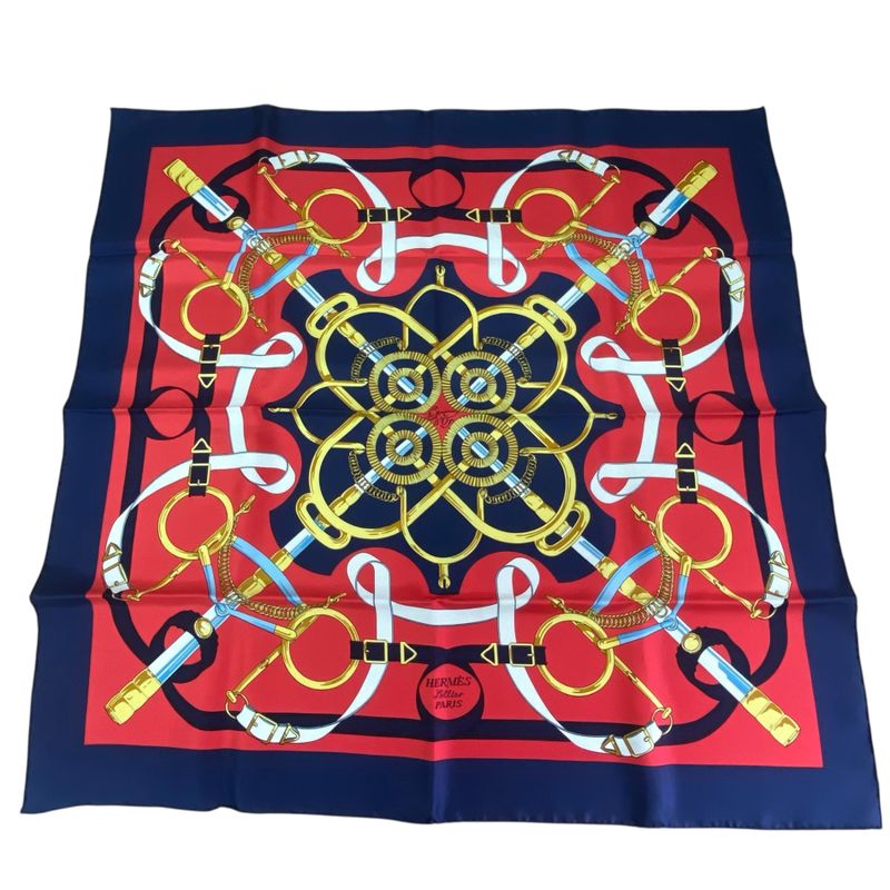 Hermes Carre 90 Scarf Eperon D'or Golden Spurs 100% Silk Navy X Red Box Included