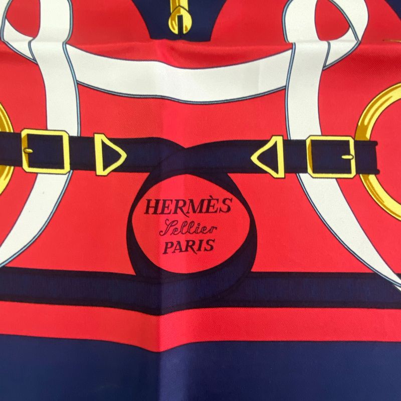 Hermes Carre 90 Scarf Eperon D'or Golden Spurs 100% Silk Navy X Red Box Included