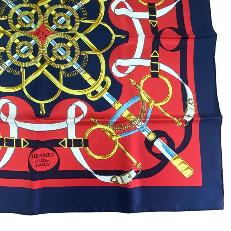 Hermes Carre 90 Scarf Eperon D'or Golden Spurs 100% Silk Navy X Red Box Included