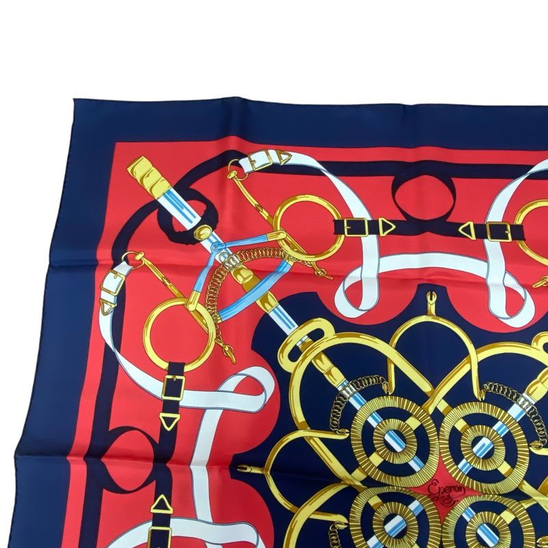 Hermes Carre 90 Scarf Eperon D'or Golden Spurs 100% Silk Navy X Red Box Included