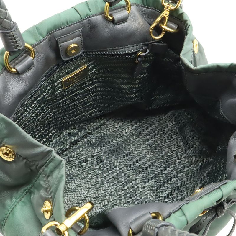 Prada Gathered Ribbon Handbag Braided Handle 2WAY Shoulder Bag Nylon Ardesia