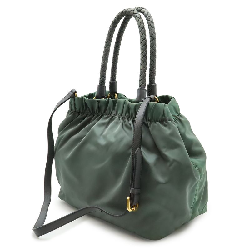 Prada Gathered Ribbon Handbag Braided Handle 2WAY Shoulder Bag Nylon Ardesia