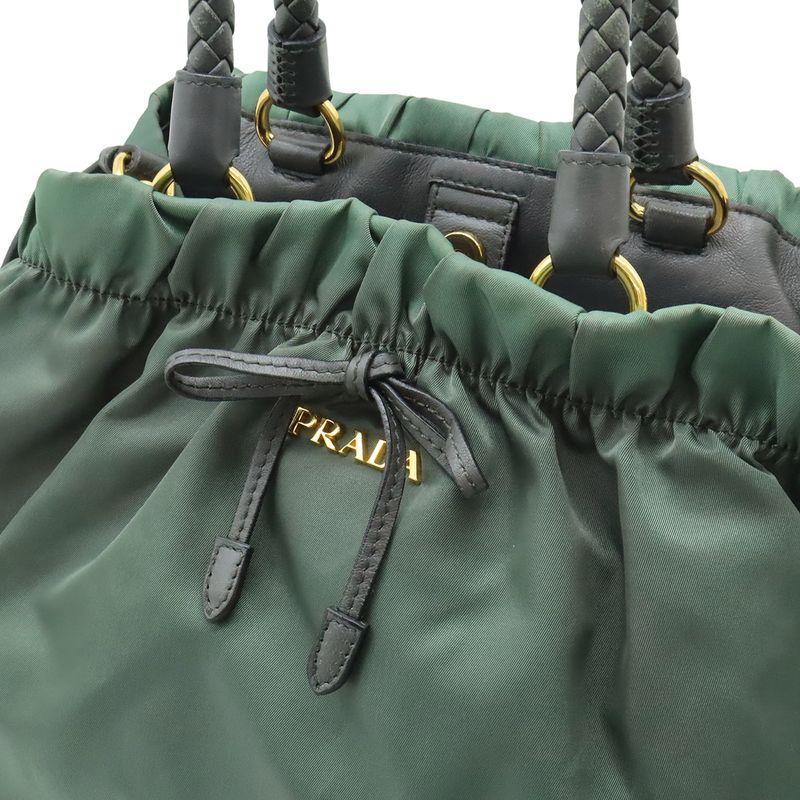 Prada Gathered Ribbon Handbag Braided Handle 2-Way Shoulder Bag Nylon Ardesia