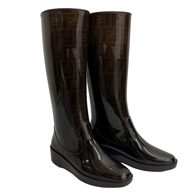 Fendi Zucca FF Logo Pattern Rubber Rain Boots Long Size 39 24.5 cm