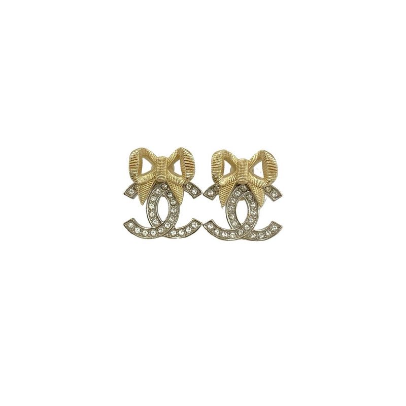 Chanel Coco Mark Ribbon Motif GP Rhinestone Earrings Accessories 24BK