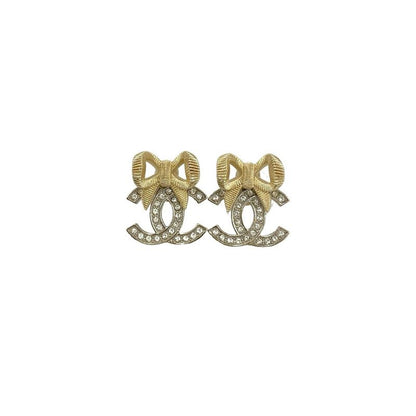 Chanel Coco Mark Ribbon Motif GP Rhinestone Earrings Accessories 24BK