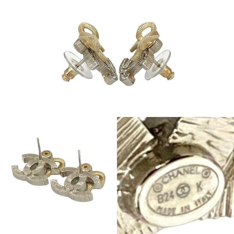Chanel Coco Mark Ribbon Motif GP Rhinestone Earrings Accessories 24BK