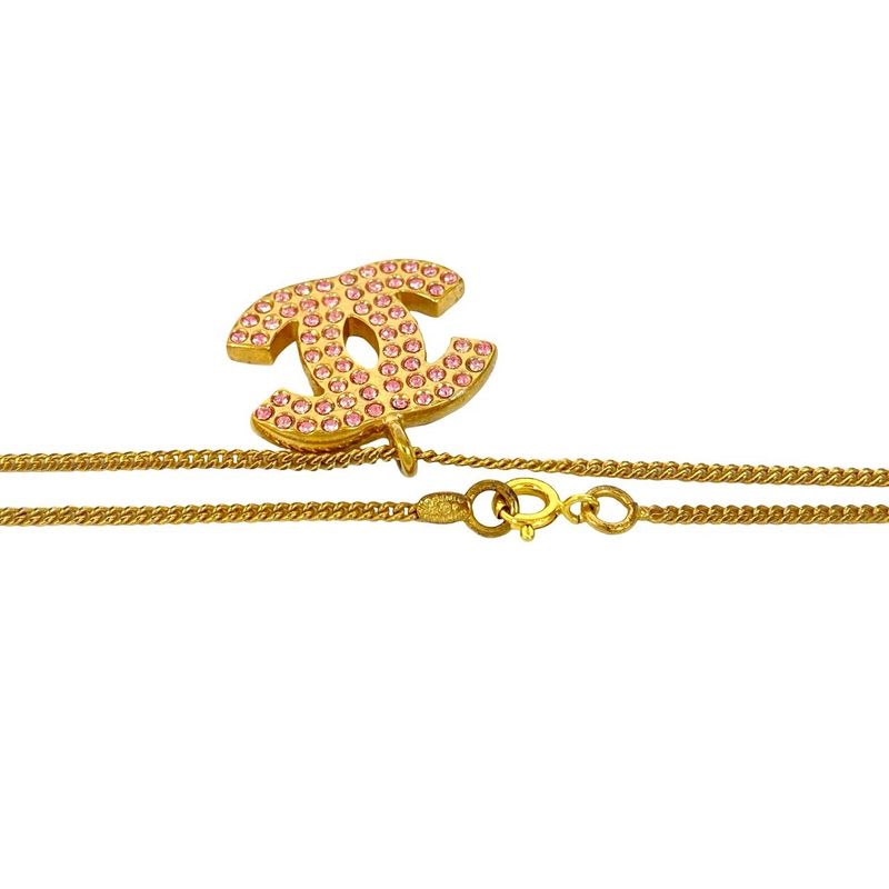 Chanel Coco Mark Motif GP Rhinestone Chain Necklace Pendant 02P