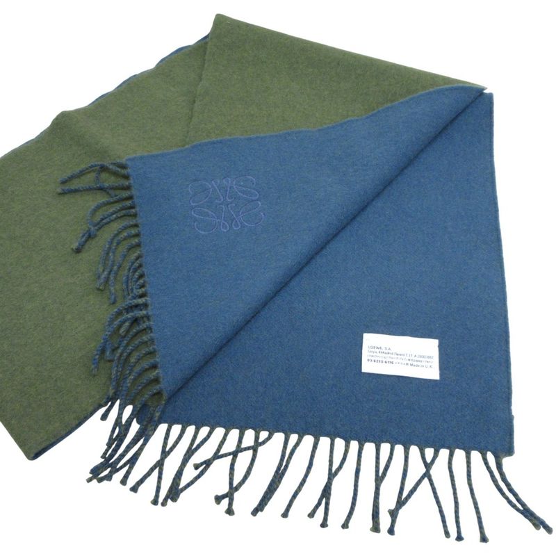 Loewe Anagram Embroidery Cashmere Blend Fringe Bicolor Muffler Khaki Blue