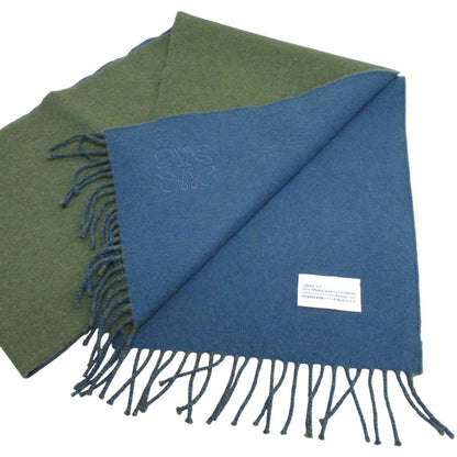 Loewe Anagram Embroidery Cashmere Blend Fringe Bicolor Muffler Khaki Blue