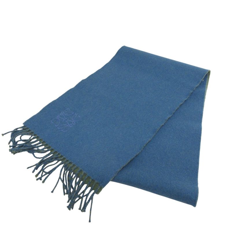 Loewe Anagram Embroidery Cashmere Blend Fringe Bicolor Muffler Khaki Blue