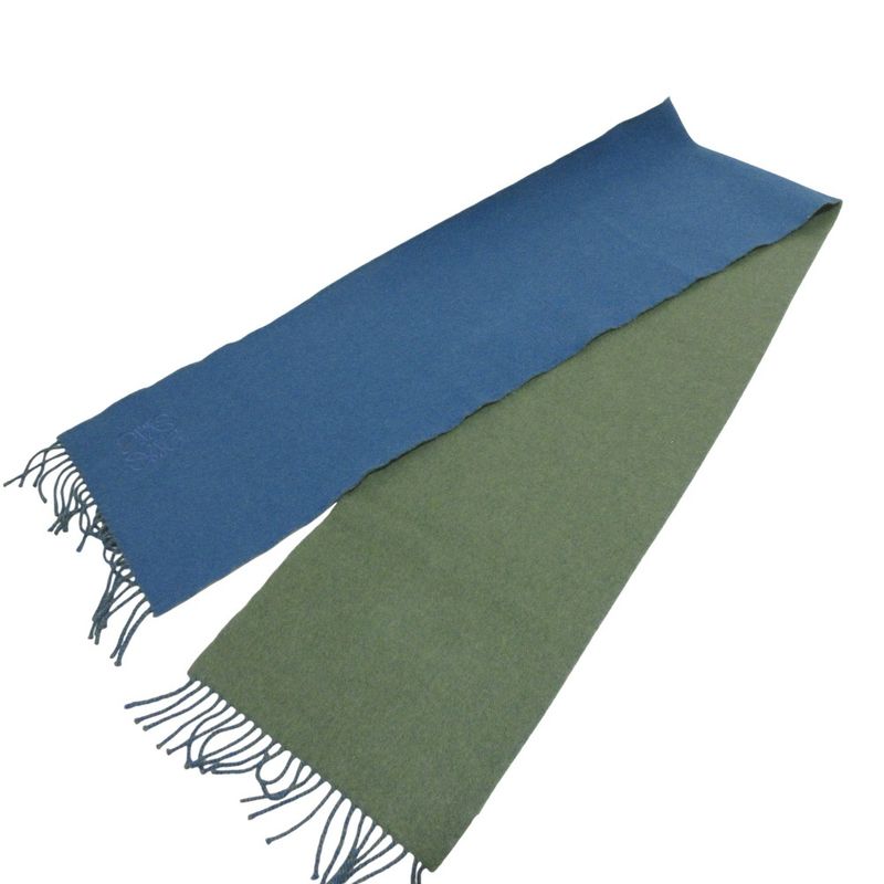 Loewe Anagram Embroidery Cashmere Blend Fringe Bicolor Muffler Khaki Blue