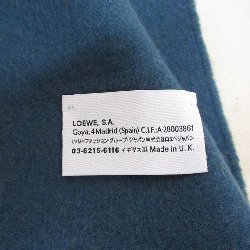 Loewe Anagram Embroidery Cashmere Blend Fringe Bicolor Muffler Khaki Blue