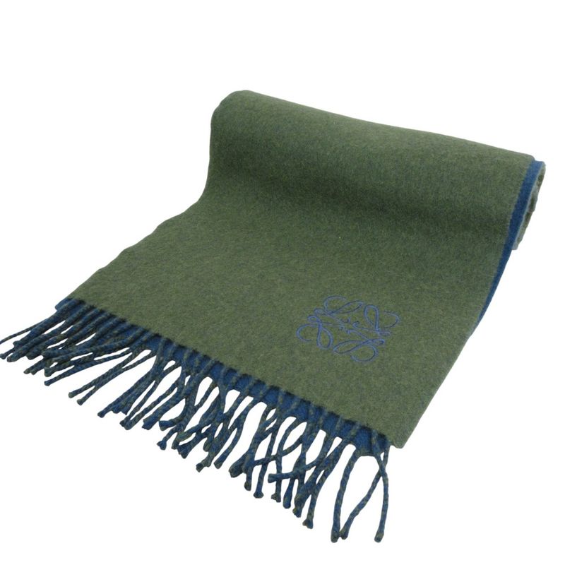 Loewe Anagram Embroidery Cashmere Blend Fringe Bicolor Muffler Khaki Blue
