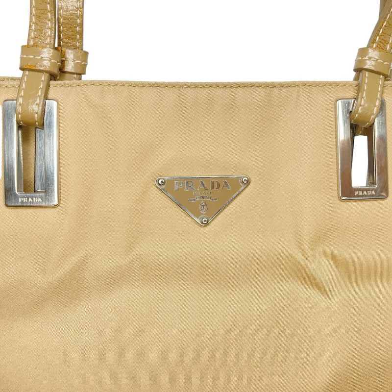 Prada Triangle Logo Plate Leather Handle Nylon Tote Bag Br1566 Beige