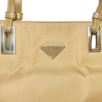Prada Triangle Logo Plate Leather Handle Nylon Tote Bag Br1566 Beige