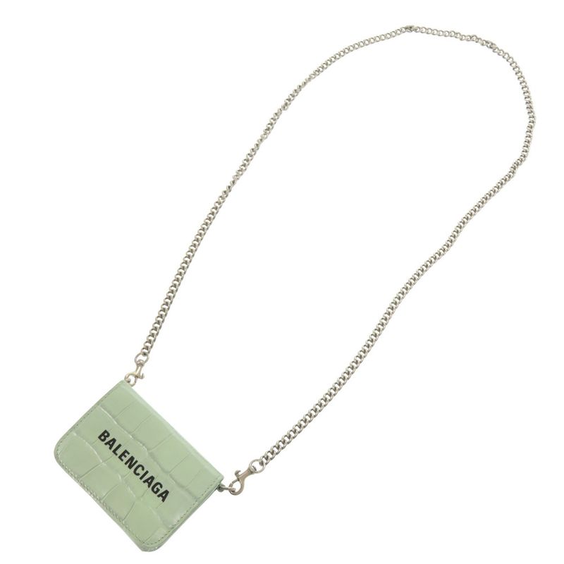 Balenciaga Chain Wallet 618145 Shape Pressed Leather Green Trifold Wallet Green