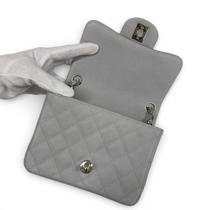 Chanel Bag Shoulder Bag Gray Silver Mini Matelasse Coco Mark Caviar Skin Single