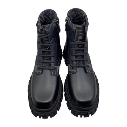 Fendi Ankle Boots Zucca Pattern Lace-up 7u1458 6 Sizes Leather FF Logo Black