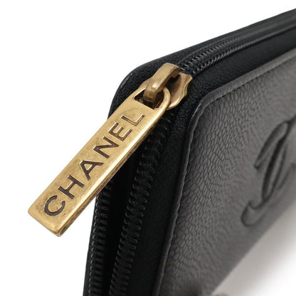 Chanel Coco Mark Round Zipper Wallet Caviar Skin Leather Black Gold Hardware