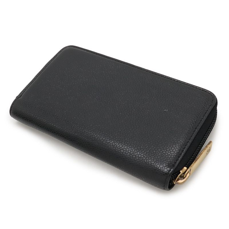 Chanel Coco Mark Round Zipper Wallet Caviar Skin Leather Black Gold Hardware