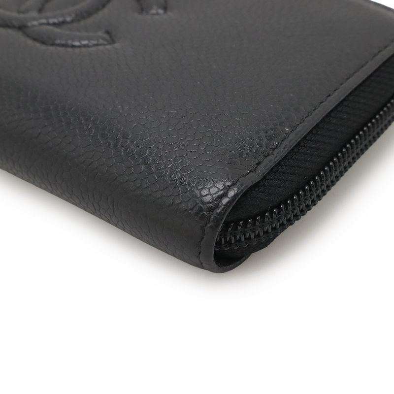 Chanel Coco Mark Round Zipper Wallet Caviar Skin Leather Black Gold Hardware