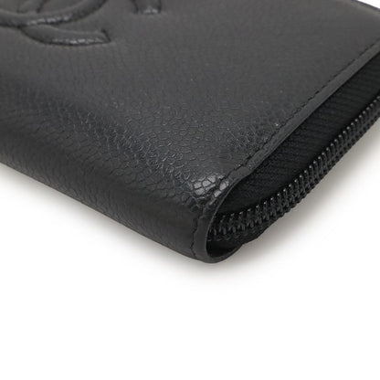 Chanel Coco Mark Round Zipper Wallet Caviar Skin Leather Black Gold Hardware