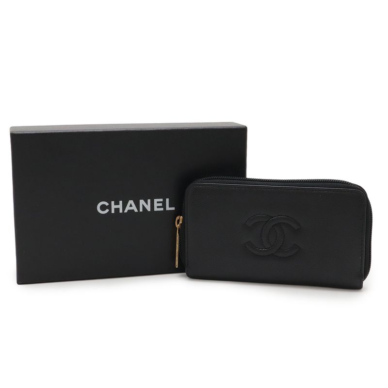 Chanel Coco Mark Round Zipper Wallet Caviar Skin Leather Black Gold Hardware