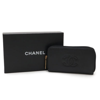 Chanel Coco Mark Round Zipper Wallet Caviar Skin Leather Black Gold Hardware