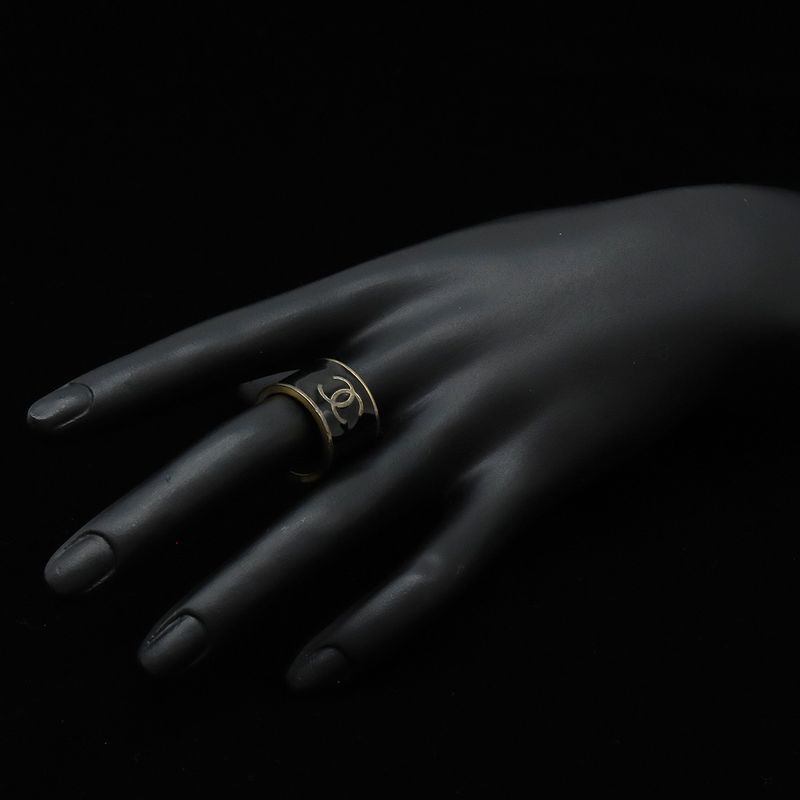 Chanel Coco Mark Heart Wide Ring Metal Black Gold Actual Size Approx 14.5 02P