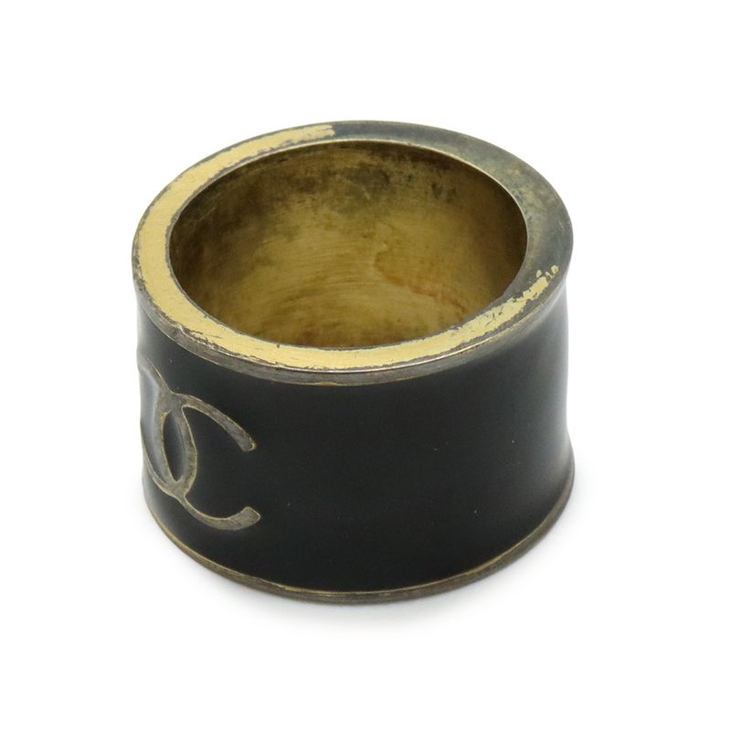 Chanel Coco Mark Heart Wide Ring Metal Black Gold Actual Size Approx 14.5 02P