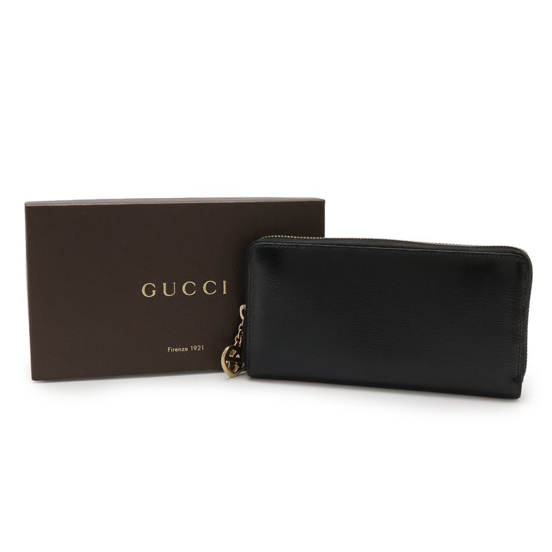 Gucci Lovely Round Zipper Long Wallet Shiny Leather Black Gold Hardware 308005